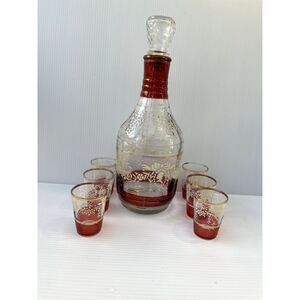 Hitiques Vintage  Decanter 6 Shot Glasses Red  Striped Grape Motif